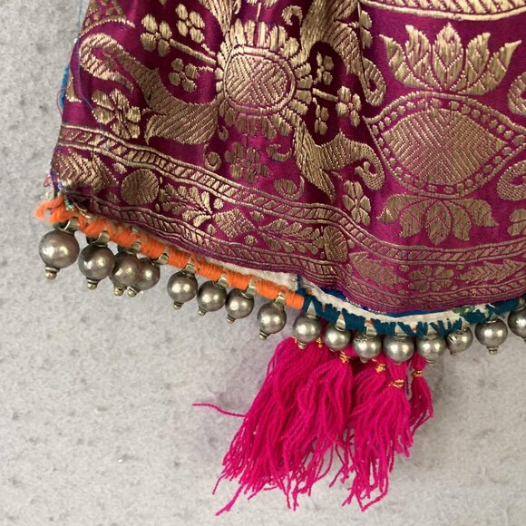 Consuela Bag Womens Blue Pink Drawstring Pouch Beaded Strap Tassel Boho Mirror - Picture 12 of 16